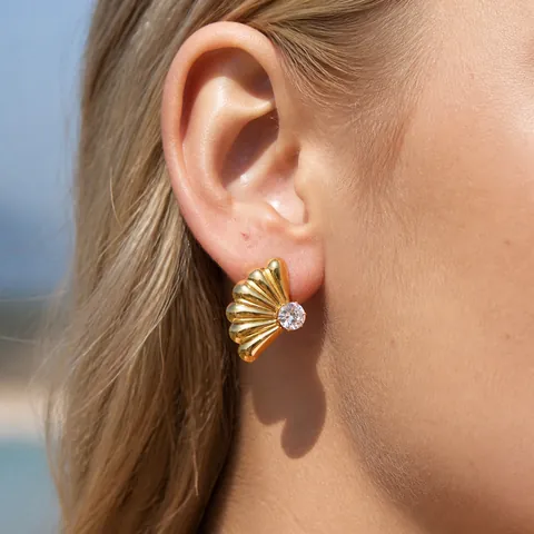 Orecchini a Bottone in Acciaio Inossidabile a Forma di Ventaglio con Conchiglia Geometrica per Donna Placcati in Oro Zirconia