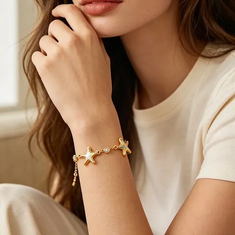 Starfish Charm Bracelet Gold Plated Stainless Steel With Abalone Shell And Zircon Adjustable Ocean Jewelry For Women