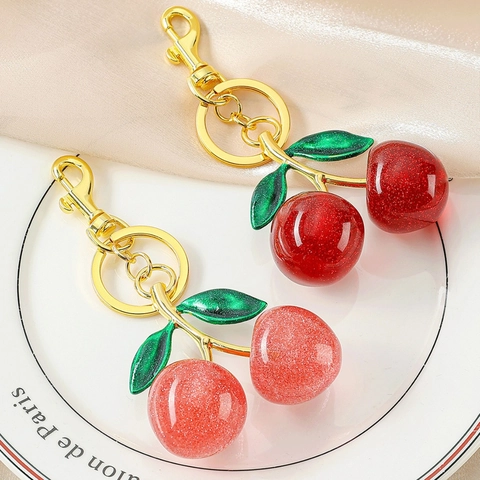 Cherry Keychain Resin Glitter Fruit Bag Charm For Women Girls Alloy Gold Key Ring Pendant Cute Fashion Accessory