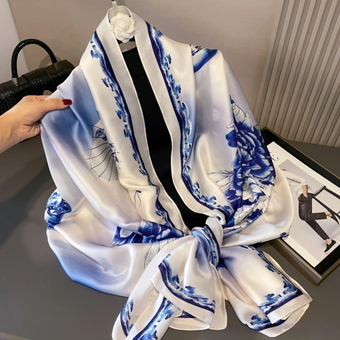 Écharpe En Satin Pour Femmes Style Chinois Rétro Imprimé Pivoine Long Châle Motif Porcelaine Bleu Et Blanc Protection Solaire