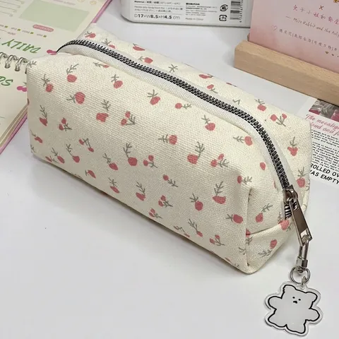 Floral Canvas Pencil Case Large Capacity Stationery Storage Bag With Cute Pendant Student Stationery Organizer