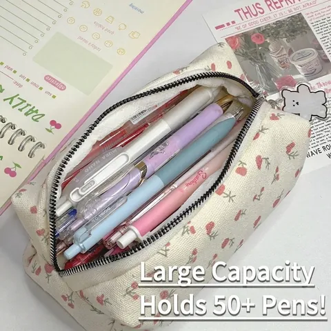 Floral Canvas Pencil Case Large Capacity Stationery Storage Bag With Cute Pendant Student Stationery Organizer