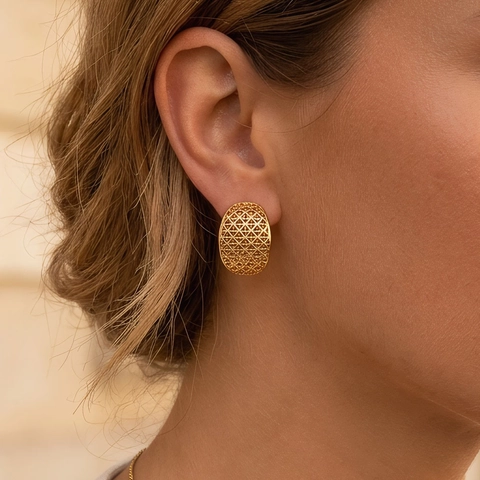 Hollow Mesh Stud Earrings 18K Gold Plated Copper Geometric Hemisphere Textured Elegant Vintage Jewelry For Women