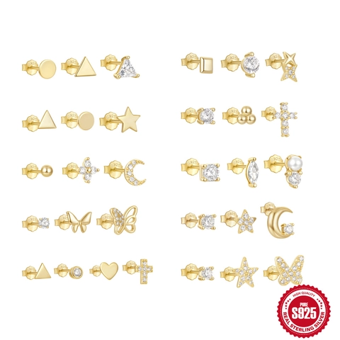 S925 Sterling Silver Mini Geometric Stud Earrings Gold Silver Plated Zirconia Artificial Pearl Butterfly Moon Star Heart Cross Jewelry For Women