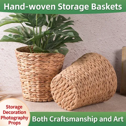 Handwoven Water Hyacinth Storage Basket Natural Round Desktop Organizer Rustic Plant Pot Cover Decorative