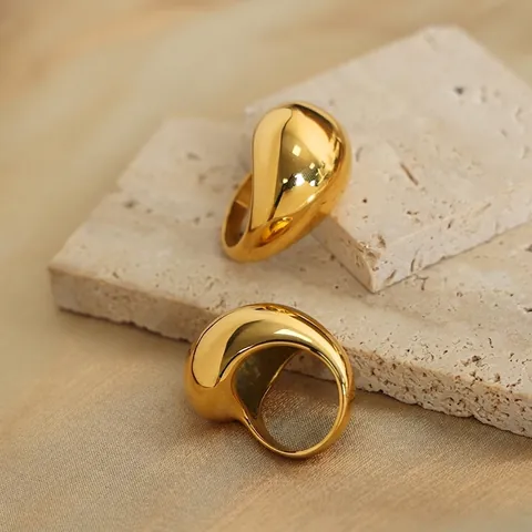 Dome Ring Titanium Steel Gold Plated Chunky Irregular Teardrop Sculptural Minimalist High Polish Fashion Jewelry Women