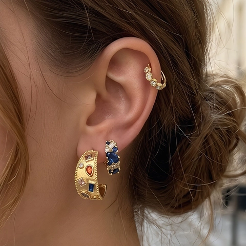 Orecchini a Cerchio in Rame Vintage per Donna Intarsiati di Strass Blu Neri Multicolore Geometrici Huggie Gioielli di Moda Regalo