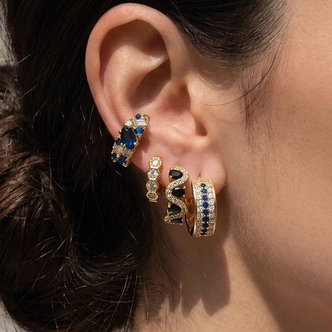 Orecchini a Cerchio in Rame Vintage per Donna Intarsiati di Strass Blu Neri Multicolore Geometrici Huggie Gioielli di Moda Regalo