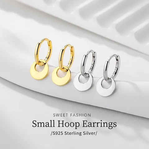 925 Sterling Silver Round Disc Hoop Earrings For Women Minimalist Geometric Gold Silver Plated Dangle Earrings Fashion Jewelry