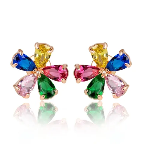 Copper Zirconia Flower Stud Earrings For Women Multi Color Petal Rose Gold Plated Fashion Commuter Jewelry Accessories
