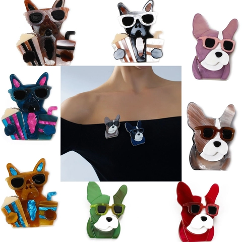 Cute Cartoon Acrylic Dog Brooch Pin Sunglasses French Bulldog Animal Brooch For Women Men Fashion Lapel Pin Jewelry Gift