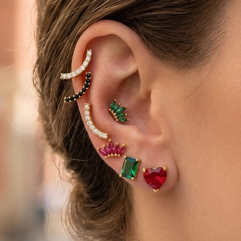 French Light Luxury Copper 18K Gold Plated Zirconia Stud Earrings Multi Color Heart Floral Crown Geometric Jewelry For Women