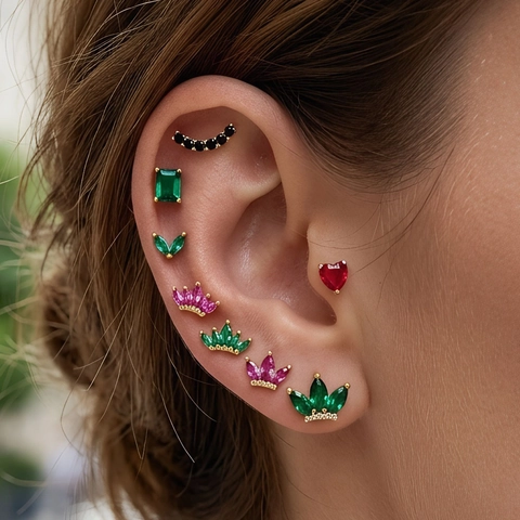 French Light Luxury Copper 18K Gold Plated Zirconia Stud Earrings Multi Color Heart Floral Crown Geometric Jewelry For Women