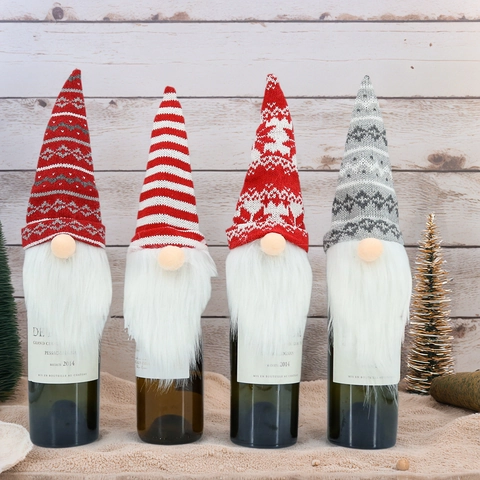 Weihnachts Weinflaschenhüllen Strickzwerge Faceless Doll Langbart Streifen Schneeflocke Esstisch Deko Feiertagsparty