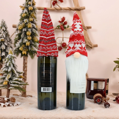 Christmas Wine Bottle Covers Knit Gnome Gonk Faceless Doll Long Beard Stripe Snowflake Dining Table Decor Holiday Party