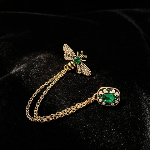 Spilla Ape Vintage Con Catena Lega Verde Smeraldo Pietra Preziosa Artificiale Strass Perla Artificial Imitazione Spilla Da Risvolto Per Donna