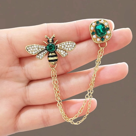 Spilla Ape Vintage Con Catena Lega Verde Smeraldo Pietra Preziosa Artificiale Strass Perla Artificial Imitazione Spilla Da Risvolto Per Donna