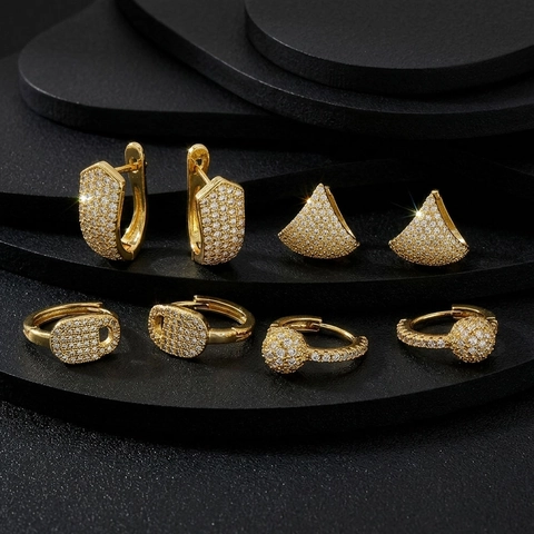 Luxe Koper Vergulde Zirconia Oorknopjes Geometrisch Cirkel Waaier U-vorm Slot Hanger Creolen Voor Dames Sieraden