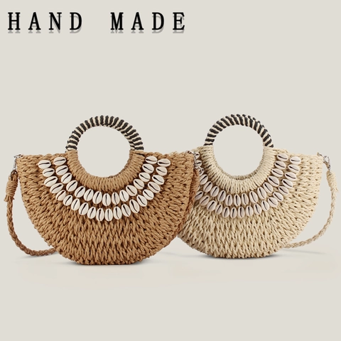 Bolso De Hombro Tejido De Paja De Papel Hecho A Mano Media Luna Decoración Conchas Playa Vacaciones Bohemio Forro Cordón