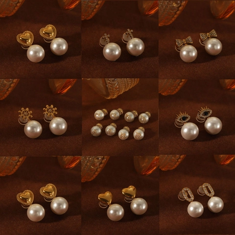 Pendientes De Botón Con Cruz Y Perlas Artificiales Bañados En Oro De 18K Acero Inoxidable Con Circón Joyería Para Mujeres