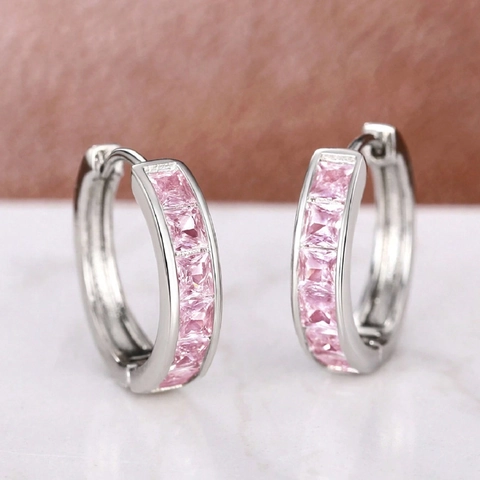 Pendientes de Aro de Cobre con Strass Cuadrados para Mujer Elegantes Pendientes Huggie Geométricos Rosa Blanco Joyería de Moda