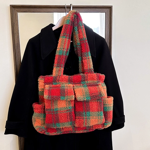 Plaid Plush Tote Bag Large Capacity Handbag Faux Lamb Wool Checkered Shoulder Bag With Multiple Pockets Casual For Women