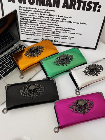 Damen Geldbörse Lang PU Leder Mit Totenkopf Metall Deko Punk Gothic Stil Reißverschluss Clutch Großes Fach Handy Tasche