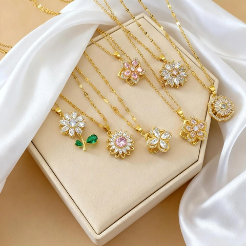 Collier Pendentif Fleur Rotatif Vintage en Acier au Titane Avec Zircone Coeur Flocon de Neige Papillon Mauvais Oeil Trèfle Bijoux Pour Femmes