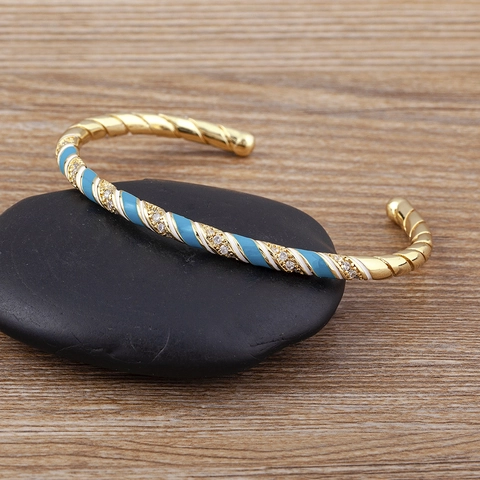 Brazalete de Esmalte de Colores de Lujo con Circonita Pulsera de Espiral de Cobre Chapado en Oro para Mujer Moda Fiesta Joyería Diaria Regalo