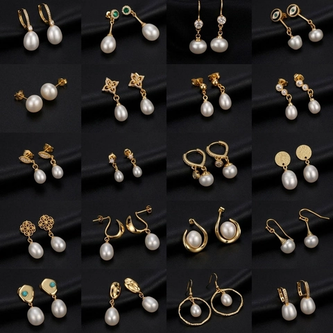 Orecchini Pendenti Perla Acqua Dolce Naturale Rame Placcato Oro Zircone Retro Elegante Donne Earring Post