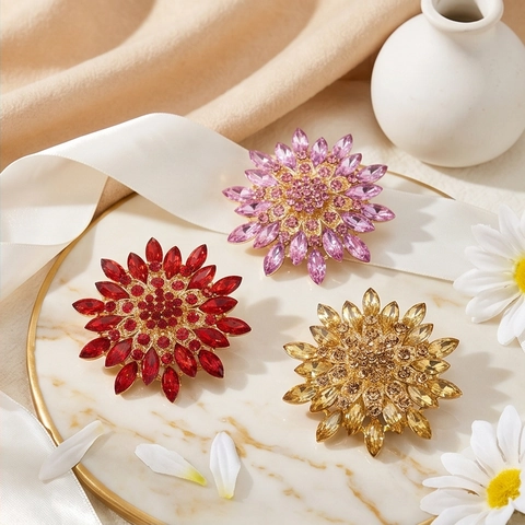 Eleganter Blumen Kristall Brosche Für Damen Funkelnde Sonnenblume Strass Anstecknadel Legierung Schmuck Zubehör