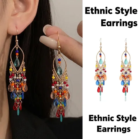 Boucles d'Oreilles Pendantes Longues à Gland Bohème Vintage pour Femmes Alliage Perles Colorées Fait Main Bijoux Ethniques