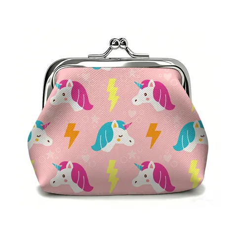 Cartoon Unicorn Print PU Leather Mini Coin Purse Metal Kiss-lock Clasp Small Wallet For Women Girls Cute