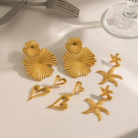 Gold 304 Edelstahl Ohrhänger Damen Lotusblatt Seestern Herzform Wasserdicht Hypoallergen Mode Schmuck