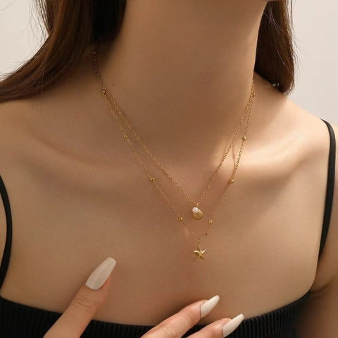 Titanstahl Zweilagige Ozean Halskette Für Damen Mit Seestern Muschel Anhänger Und Künstliche Perle Goldton Schmuck