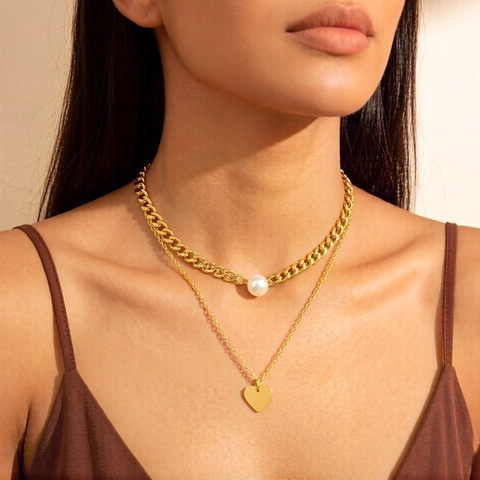 Collar De Doble Capa De Acero Inoxidable Chapado En Oro De 18K Con Colgante De Corazón Y Perla Artificial Joyería Elegante Para Mujer