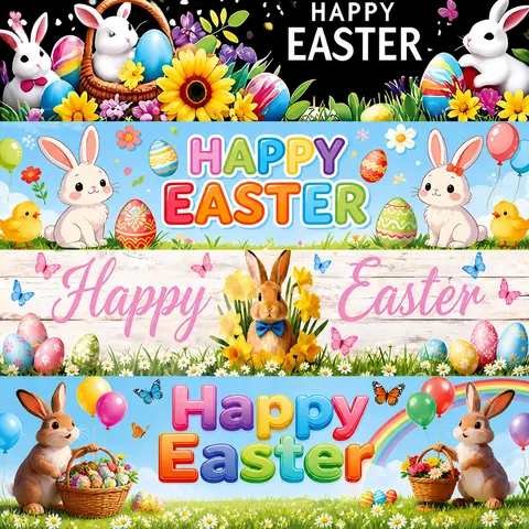 Easter Banner Polyester Happy Easter Outdoor Garden Yard Party Decoration Cartoon Rabbit Egg Banner Backdrop Decor