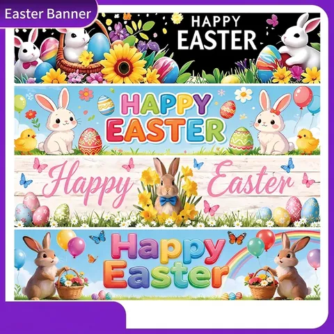 Banner di Pasqua in Poliestere Happy Easter Decorazione per Giardino Esterno Festa Cartoon Coniglio Uovo Banner