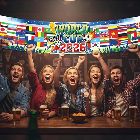 Striscione Decorativo a Tema Calcio World Cup 2026 in Poliestere Pongee Con Bandiere Internazionali Per Festa Fan Bar Decorazione Esterna