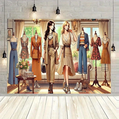 Arazzo a Tema Negozio di Abbigliamento Moda Vintage Illustrazione Sfondo Fotografico in Poliestere Decorazione da Parete per Studio Casa