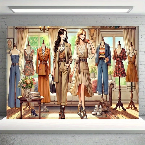 Arazzo a Tema Negozio di Abbigliamento Moda Vintage Illustrazione Sfondo Fotografico in Poliestere Decorazione da Parete per Studio Casa