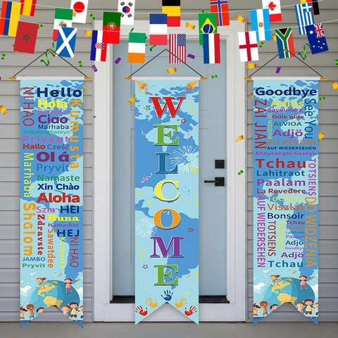 Polyester Willkommen Veranda Banner Mehrsprachig Hallo Flagge Für Schule Büro Eingang Party Haus Dekoration International