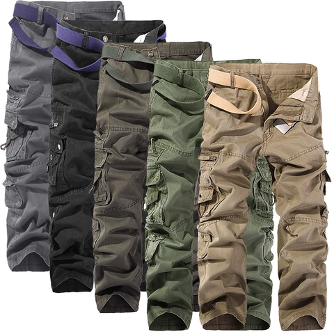 Men's 100% Cotton Multi-Pocket Cargo Pants Loose Fit Casual Tactical Outdoor Workwear Trousers With Canvas Belt Solid Color