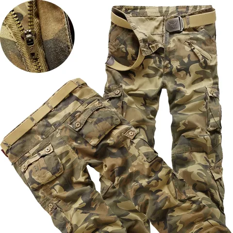 Heren Casual Cargo Broek Meerdere Zakken Camouflage Katoenmix Outdoor Lange Broek Met Riem Rechte Pijp Werkbroek
