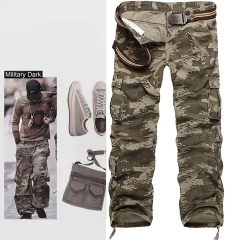 Vintage Men's 100% Cotton Cargo Pants With Belt Multi Pocket Multi Pocket Straight Leg Casual Camouflage Long Trousers