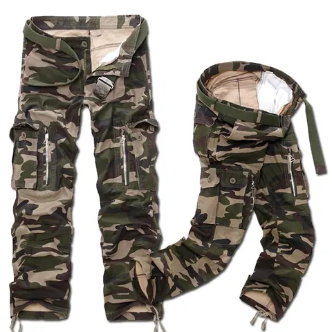 Men's Multi-Pocket Cotton Cargo Pants Tactical Camouflage Outdoor Trousers With Belt Casual Loose Straight Work Pants For Men
