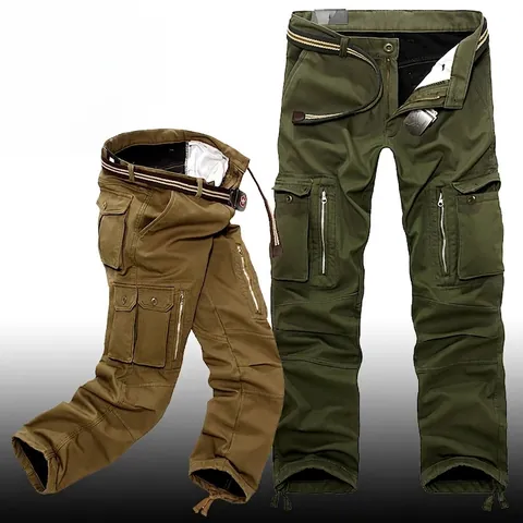 Men's Fleece Lined Cargo Pants Cotton Multi-Pocket Loose Fit Winter Outdoor Casual Pants With Belt