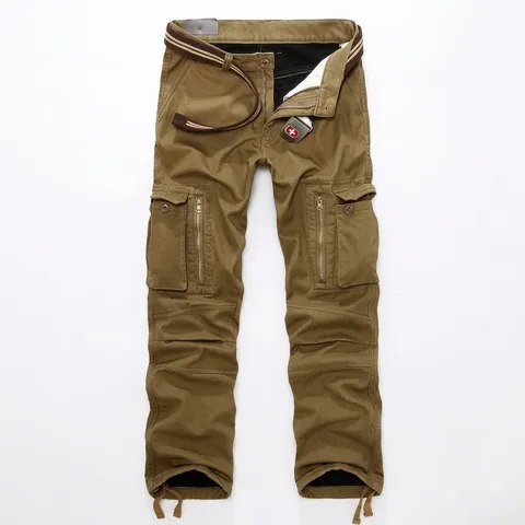 Men Winter Fleece Lined Cargo Pants Thick Thermal Cotton Multi Pocket Outdoor Casual Straight Leg Trousers With Belt