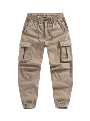Herren Cargo Jogginghose Baumwollmischung Twill Mehrere Taschen Elastische Taille Kordelzug Lässige Hose Für Outdoor Alltag