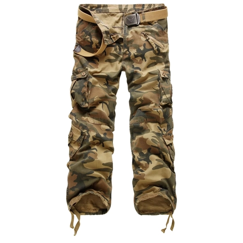 Men Cotton Camouflage Cargo Pants Military Tactical Multi Pocket Casual Long Trousers With Belt Durable Outdoor Pants